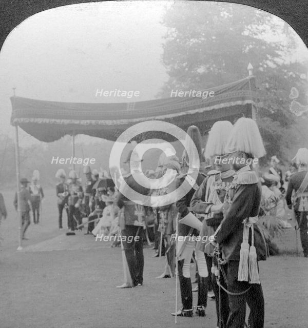 The King presenting Coronation medals, Buckingham Palace, London.Artist: Excelsior Stereoscopic Tours