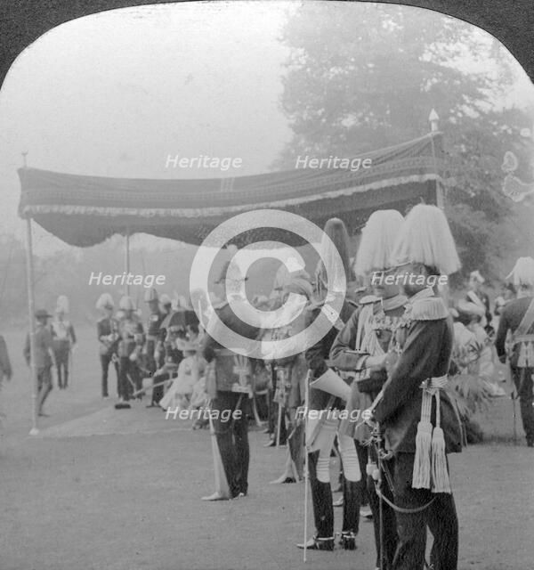 The King presenting Coronation medals, Buckingham Palace, London.Artist: Excelsior Stereoscopic Tours