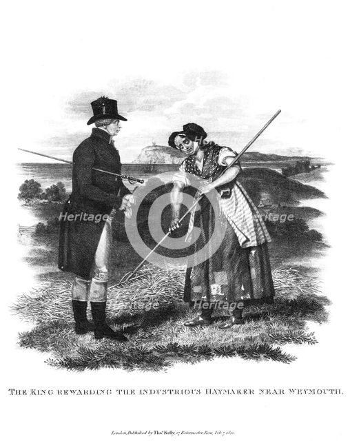 The king rewarding the industrious haymaker near Weymouth, 1820. Artist: Thomas Kelly-Kenny