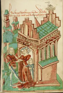 The King's Brother Welcomed by his (own) Wife and Daughter; Barlaam und Josaphat, 1469. Creators: Hans Schilling, Diebolt Lauber