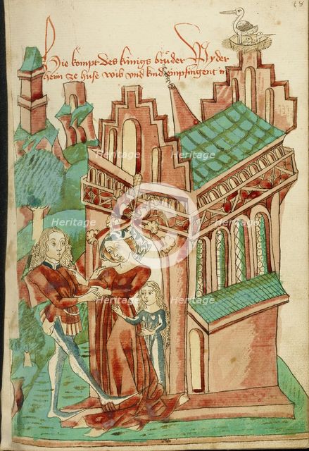 The King's Brother Welcomed by his (own) Wife and Daughter; Barlaam und Josaphat, 1469. Creators: Hans Schilling, Diebolt Lauber.