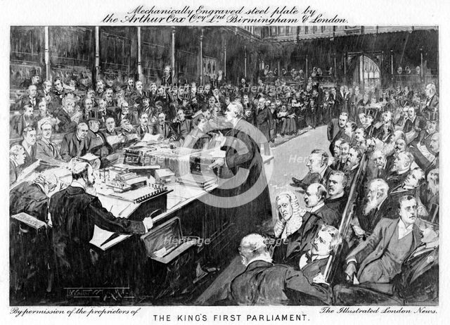 'The king's first parliament', 1902-1903. Artist: Arthur Cox Illustrating Co
