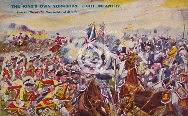 'The King's Own Yorkshire Light Infantry. The Battle in the Rosefields at Minden', 1759, (1939). Artist: Unknown.