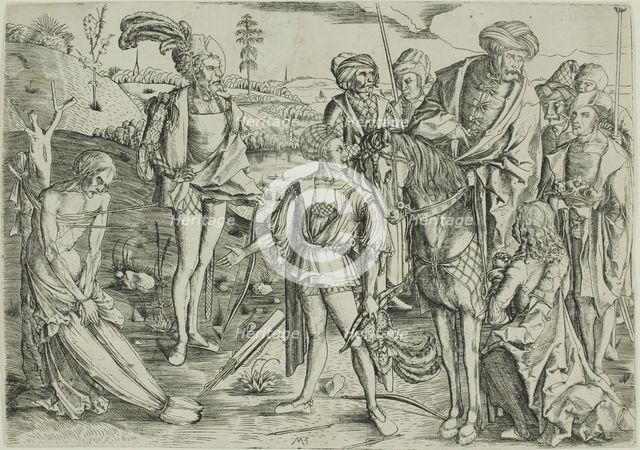 The King's Sons Shooting Their Father's Corpse, c. 1500, printed. Creator: Master MZ.