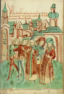 The King with His Court Strolling Outside the City Sees a Light in a Door Aperture, 1469. Creators: Hans Schilling, Diebolt Lauber
