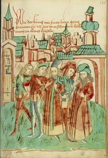 The King with His Court Strolling Outside the City Sees a Light in a Door Aperture, 1469. Creators: Hans Schilling, Diebolt Lauber