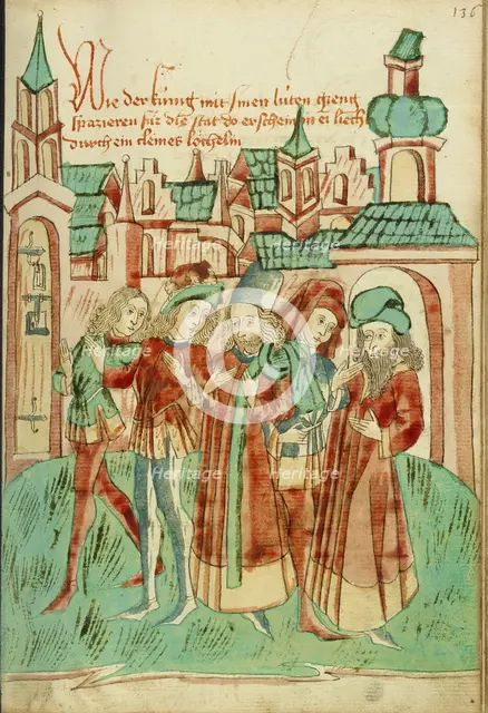 The King with His Court Strolling Outside the City Sees a Light in a Door Aperture, 1469. Creators: Hans Schilling, Diebolt Lauber.