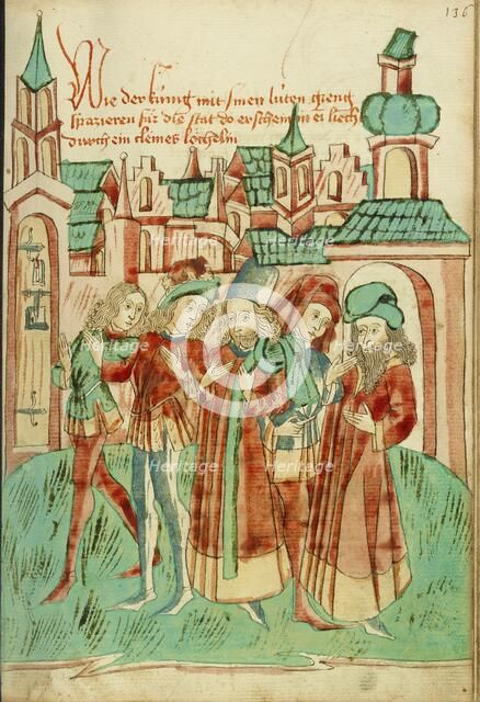 The King with His Court Strolling Outside the City Sees a Light in a Door Aperture, 1469. Creators: Hans Schilling, Diebolt Lauber.