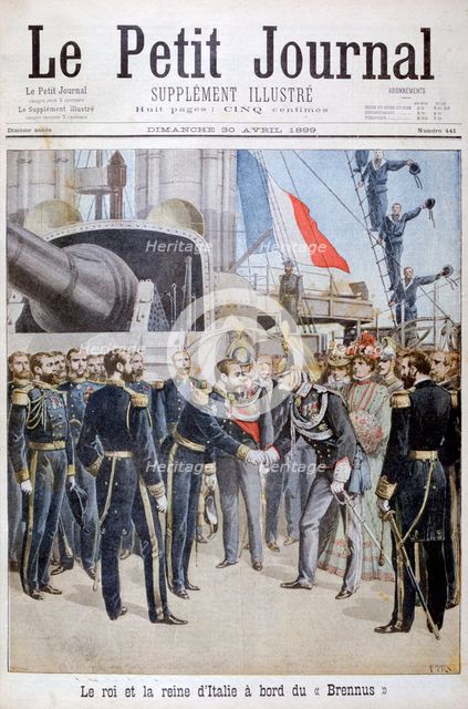 The king the queen of Italy on board the French battleship 'Brennus', 1899. Artist: Henri Meyer