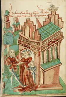 The King's Brother Welcomed by his (own) Wife and Daughter; Barlaam und Josaphat, 1469. Creators: Hans Schilling, Diebolt Lauber