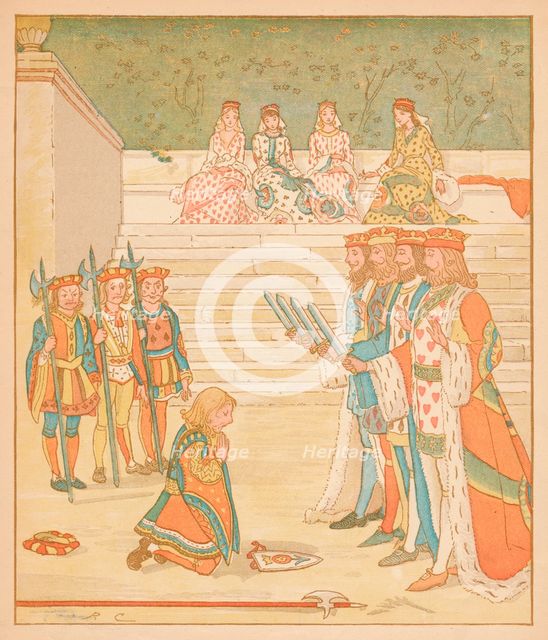 'The Knave of Hearts, Brought back those Tarts, And vowed he'd steal no more', 1880. Creator: Randolph Caldecott.