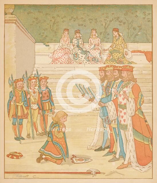 'The Knave of Hearts, Brought back those Tarts, And vowed he'd steal no more', 1880. Creator: Randolph Caldecott.