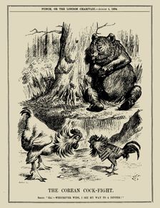 The Korean Cock-Fight. Bruin: "Ha! - Whichever wins, I see my way to a dinner!" Punch, Aug 4, 1894. Creator: Tenniel, Sir John (1820-1914)