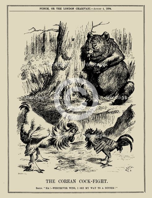 The Korean Cock-Fight. Bruin: "Ha! - Whichever wins, I see my way to a dinner!" Punch, Aug 4, 1894. Creator: Tenniel, Sir John (1820-1914).