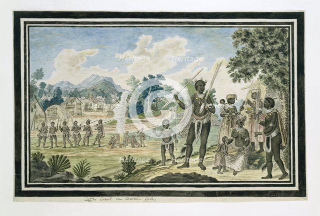 The kraal of 'Captain' Coba (or Kobé), a chief of the Gqunukhwebe, 1777. Creator: Robert Jacob Gordon.