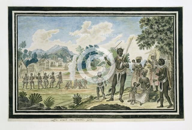 The kraal of 'Captain' Coba (or Kobé), a chief of the Gqunukhwebe, 1777. Creator: Robert Jacob Gordon.