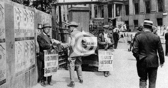 The lunchtime newspaper paper headlines, Trafalgar Square, London, 1926-1927. Artist: Unknown