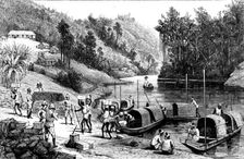 The Lushai Expedition: officers checking stores after crossing a river, 1890. Creator: Unknown