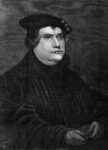 The Luther Celebration in Germany: Martin Luther, from the picture by Hans Holbein, 1883. Creator: Unknown