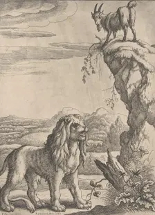 The Lyon and the Kid, from Ogilby's Aesopics, 1668. Creator: Richard Gaywood