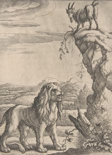 The Lyon and the Kid, from Ogilby's Aesopics, 1668. Creator: Richard Gaywood