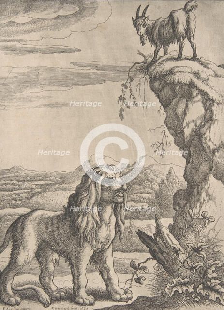 The Lyon and the Kid, from Ogilby's Aesopics, 1668. Creator: Richard Gaywood.