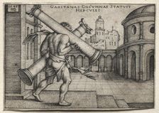 The Labors of Hercules: Hercules Carrying the Columns of Gades, 1545. Creator: Hans Sebald Beham (German, 1500-1550)