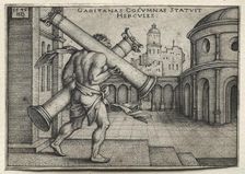 The Labors of Hercules: Hercules Carrying the Columns of Gades, 1545. Creator: Hans Sebald Beham (German, 1500-1550)