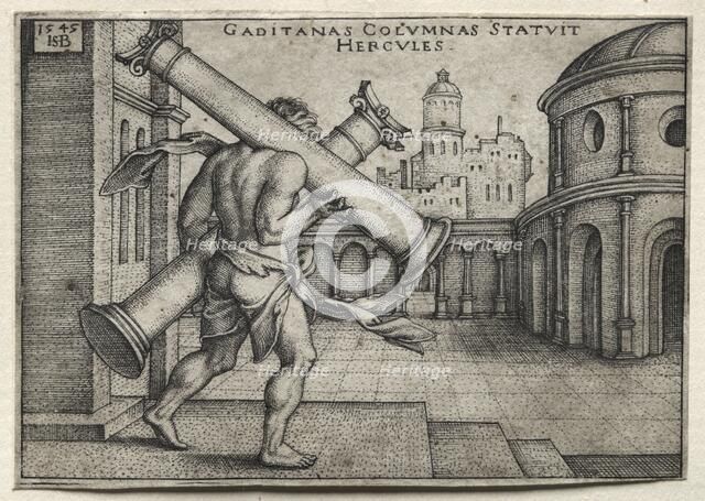 The Labors of Hercules: Hercules Carrying the Columns of Gades, 1545. Creator: Hans Sebald Beham (German, 1500-1550).