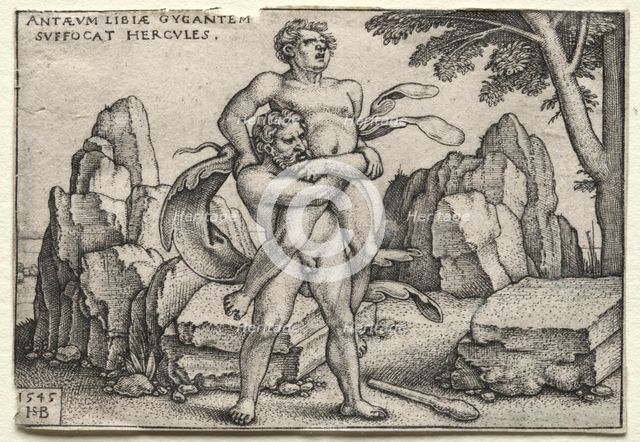 The Labors of Hercules: Hercules Crushing Antaeus, 1545. Creator: Hans Sebald Beham (German, 1500-1550).