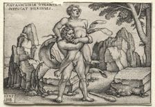 The Labors of Hercules: Hercules Crushing Antaeus, 1545. Creator: Hans Sebald Beham (German, 1500-1550)
