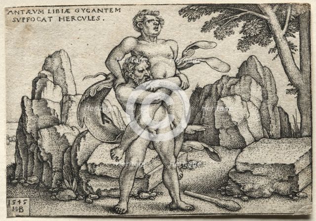 The Labors of Hercules: Hercules Crushing Antaeus, 1545. Creator: Hans Sebald Beham (German, 1500-1550).