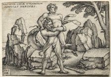 The Labors of Hercules: Hercules Crushing Antaeus, 1545. Creator: Hans Sebald Beham (German, 1500-1550)