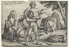 The Labors of Hercules: Hercules Crushing Antaeus, 1545. Creator: Hans Sebald Beham (German, 1500-1550)