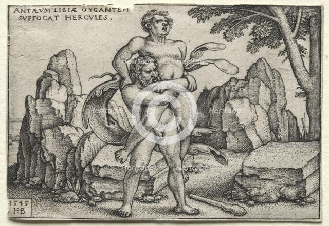 The Labors of Hercules: Hercules Crushing Antaeus, 1545. Creator: Hans Sebald Beham (German, 1500-1550).