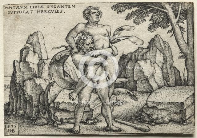 The Labors of Hercules: Hercules Crushing Antaeus, 1545. Creator: Hans Sebald Beham (German, 1500-1550).