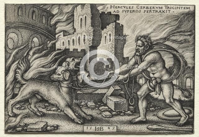 The Labors of Hercules: Hercules Dragging Cerberus from the Underworld, 1545. Creator: Hans Sebald Beham (German, 1500-1550).