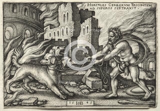 The Labors of Hercules: Hercules Dragging Cerberus from the Underworld, 1545. Creator: Hans Sebald Beham (German, 1500-1550).