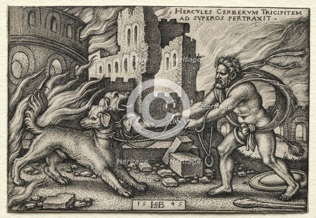The Labors of Hercules: Hercules Dragging Cerberus from the Underworld, 1545. Creator: Hans Sebald Beham (German, 1500-1550).