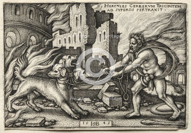 The Labors of Hercules: Hercules Dragging Cerberus from the Underworld, 1545. Creator: Hans Sebald Beham (German, 1500-1550).