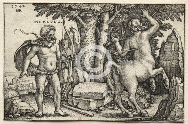 The Labors of Hercules: Hercules Shooting Nessus, 1542. Creator: Hans Sebald Beham (German, 1500-1550).