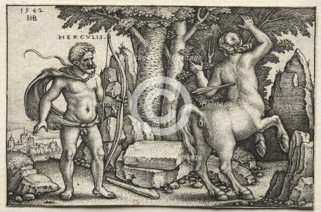 The Labors of Hercules: Hercules Shooting Nessus, 1542. Creator: Hans Sebald Beham (German, 1500-1550).