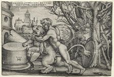 The Labors of Hercules: Hercules Strangling the Nemean Lion, 1548. Creator: Hans Sebald Beham (German, 1500-1550)