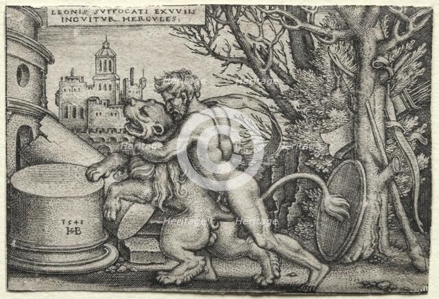 The Labors of Hercules: Hercules Strangling the Nemean Lion, 1548. Creator: Hans Sebald Beham (German, 1500-1550).