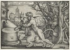 The Labors of Hercules: Hercules Strangling the Nemean Lion, 1548. Creator: Hans Sebald Beham (German, 1500-1550)