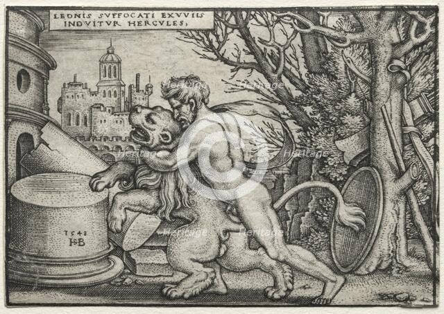 The Labors of Hercules: Hercules Strangling the Nemean Lion, 1548. Creator: Hans Sebald Beham (German, 1500-1550).