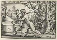 The Labors of Hercules: Hercules Strangling the Nemean Lion, 1548. Creator: Hans Sebald Beham (German, 1500-1550)