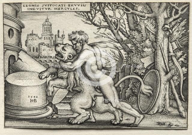The Labors of Hercules: Hercules Strangling the Nemean Lion, 1548. Creator: Hans Sebald Beham (German, 1500-1550).