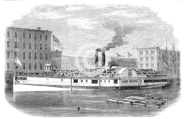 The lake steamer "Lady Elgin", as she lay at her wharf at Chicago on the day before she..., 1860. Creator: Unknown.