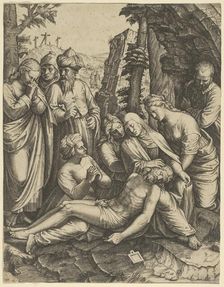 The lamentation of the dead Christ who is supported by the Virgin Mary and surround..., ca. 1520-60. Creator: Anon